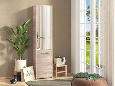 Elegant Osaka Oak Effect Tall Slim Shoe Storage Cabinet with Mirrored Door - UK Luxury Furniture